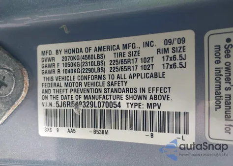 2009 Honda Cr-V Lx from USA, damaged, VIN 5J6RE48329L070054